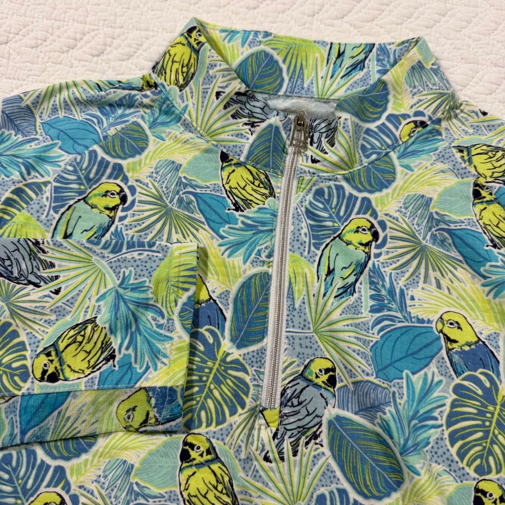 Sport Haley Womens Quarter Zip Pullover L Tropical Bird‎ Print Blue Green EUC